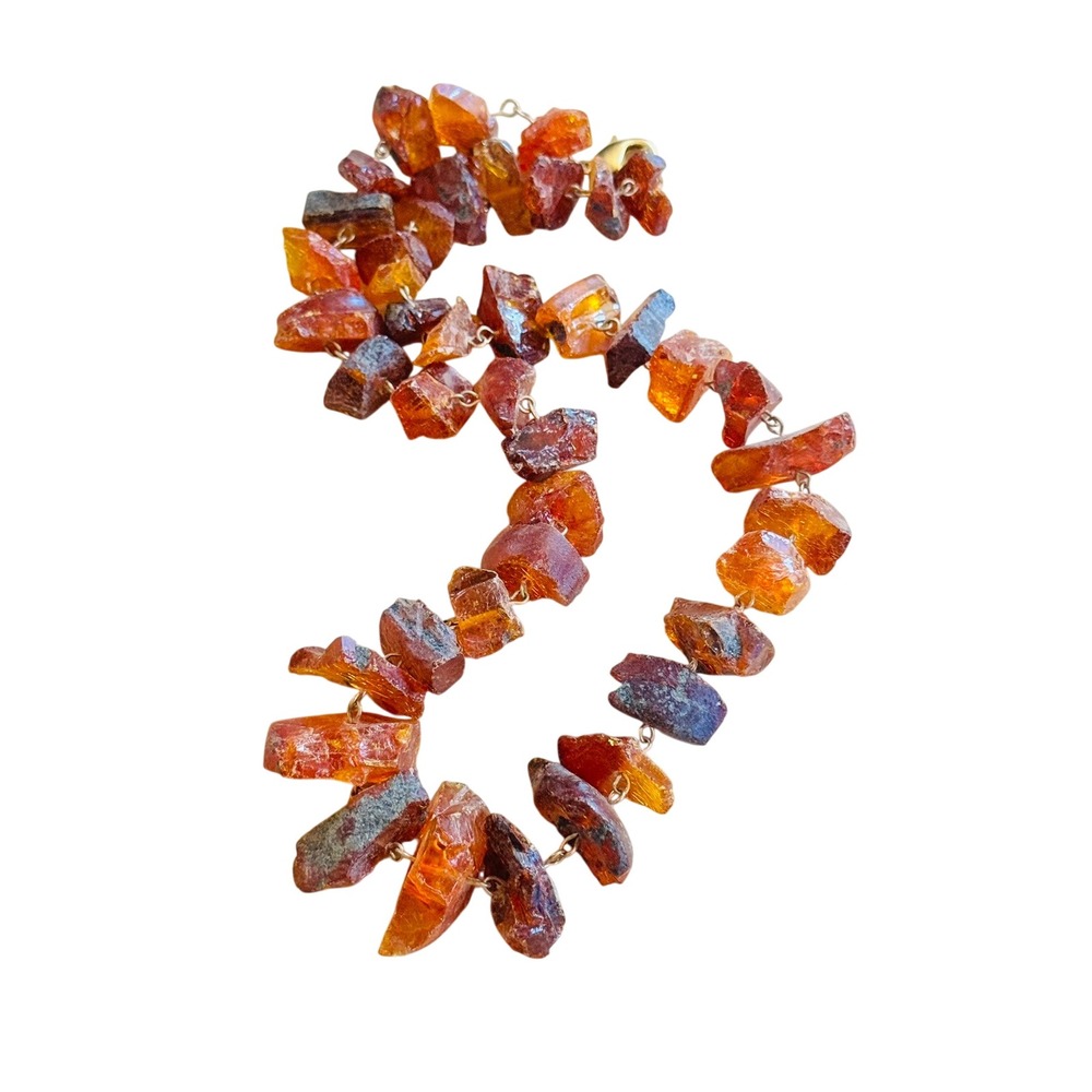 VTG Cognac Amber Necklace Raw Chunky Beaded Natural Gold Filled Tested 18"